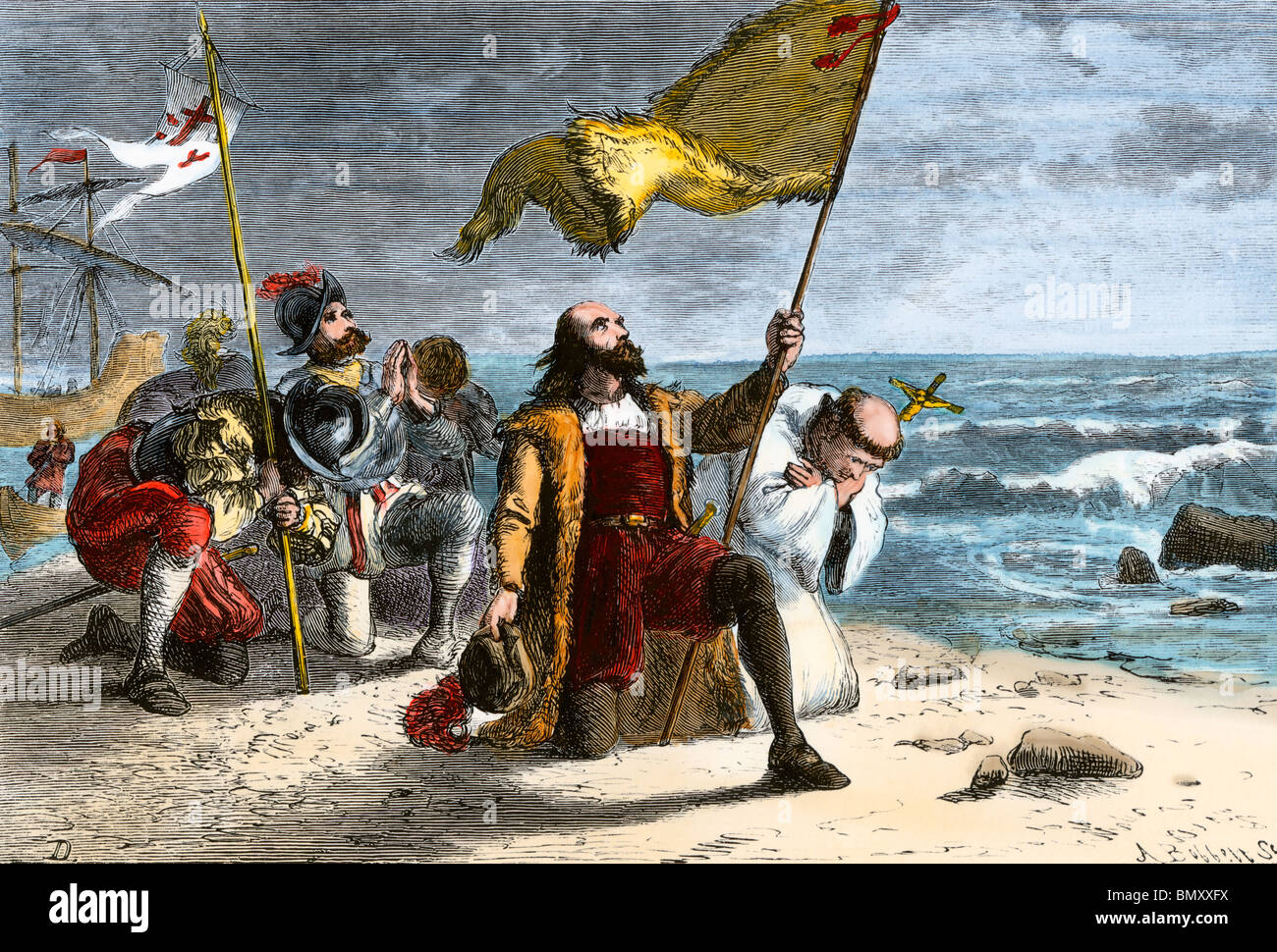 Primo sbarco di Colombo nel Nuovo Mondo, 1492. Colorate a mano la xilografia Foto Stock