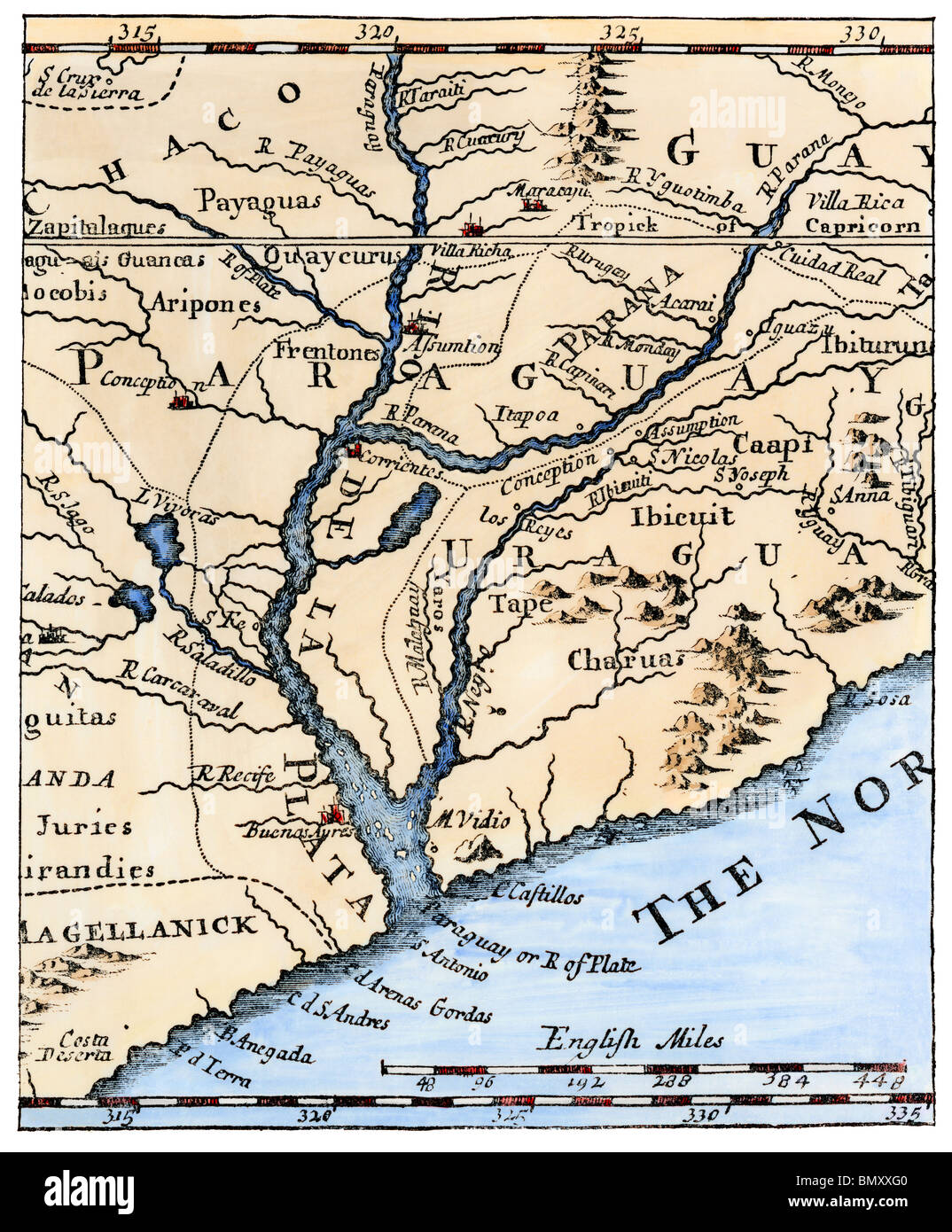 Foce del Rio de la Plata in Sud America, in una mappa del 1698. Colorate a mano la xilografia Foto Stock