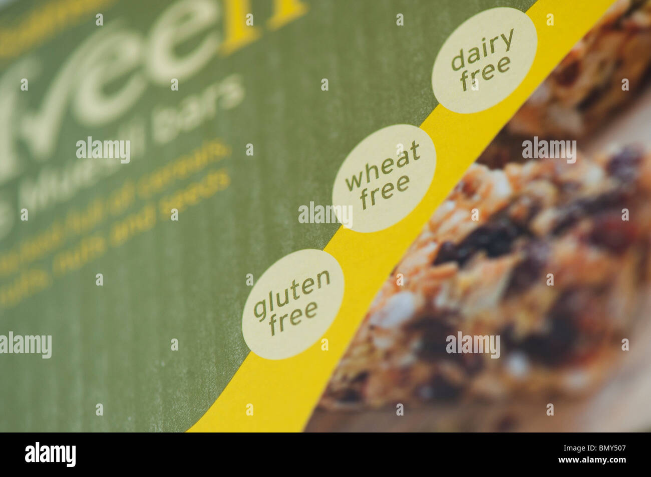 Libero di frumento, senza glutine, senza latte e derivati alimentari etichettatura di pacchetto Foto Stock