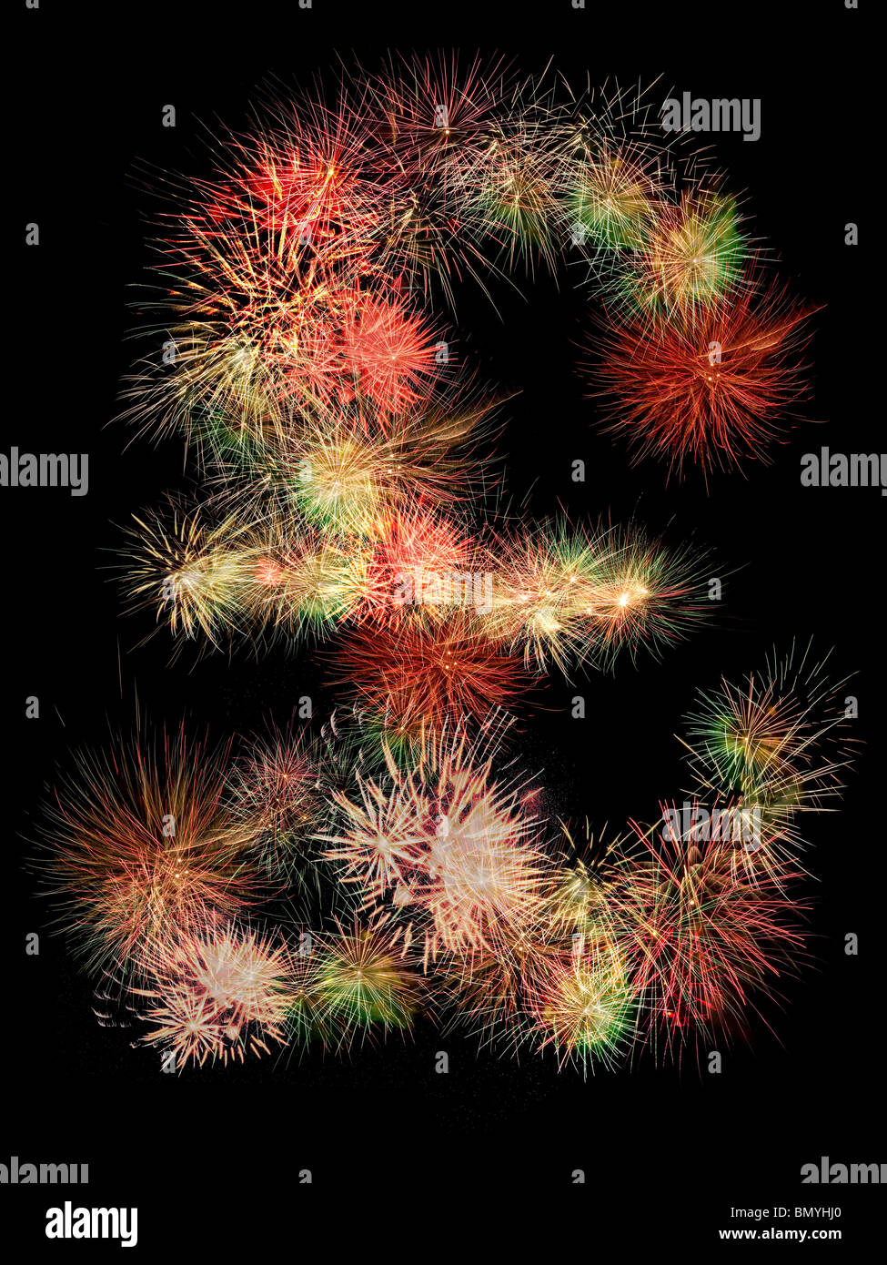 Sterlina simbolo fatta di fuochi d'artificio su sfondo nero Foto Stock