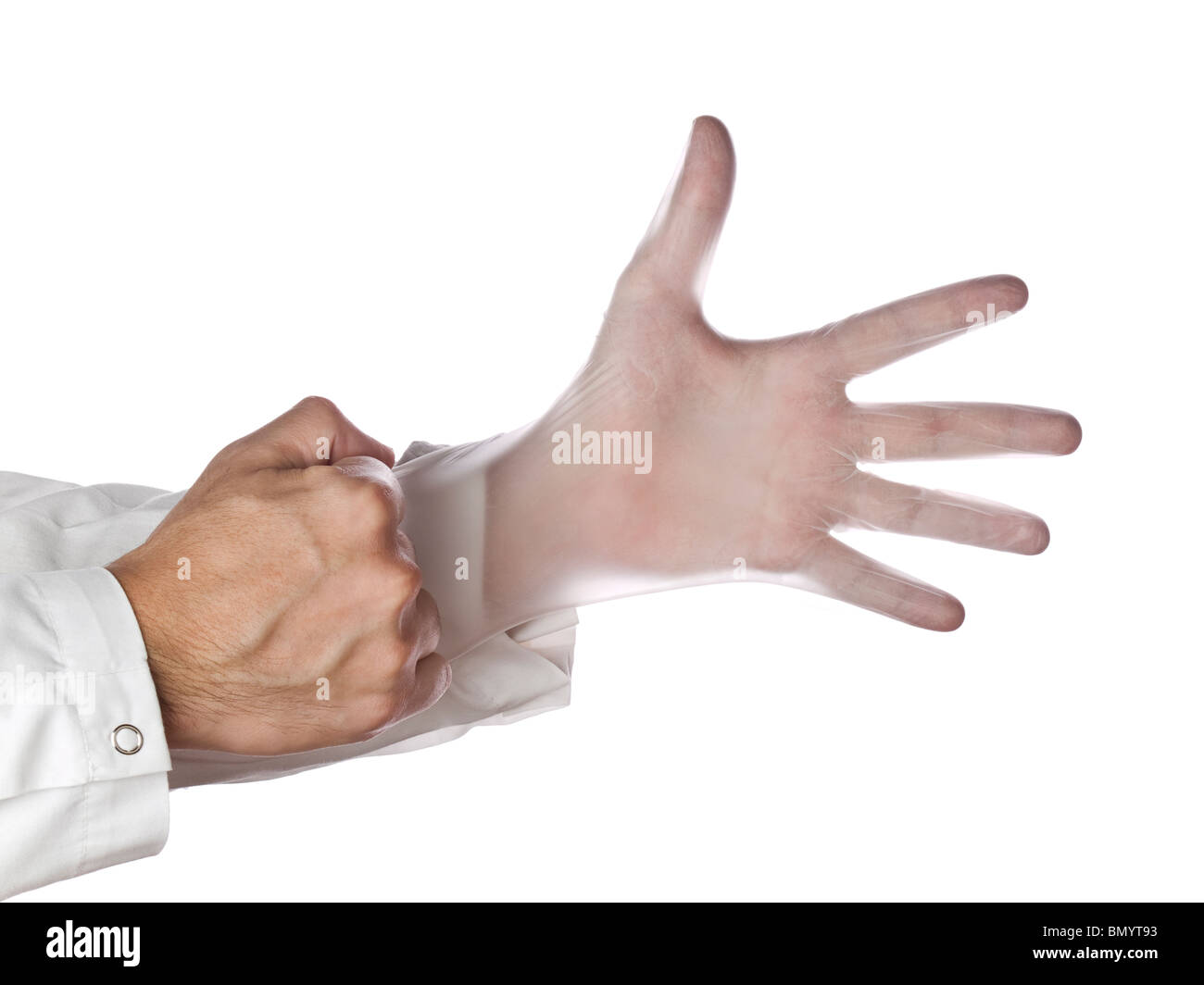 Un medico è messa su chirurgico di guanti in lattice. Foto Stock