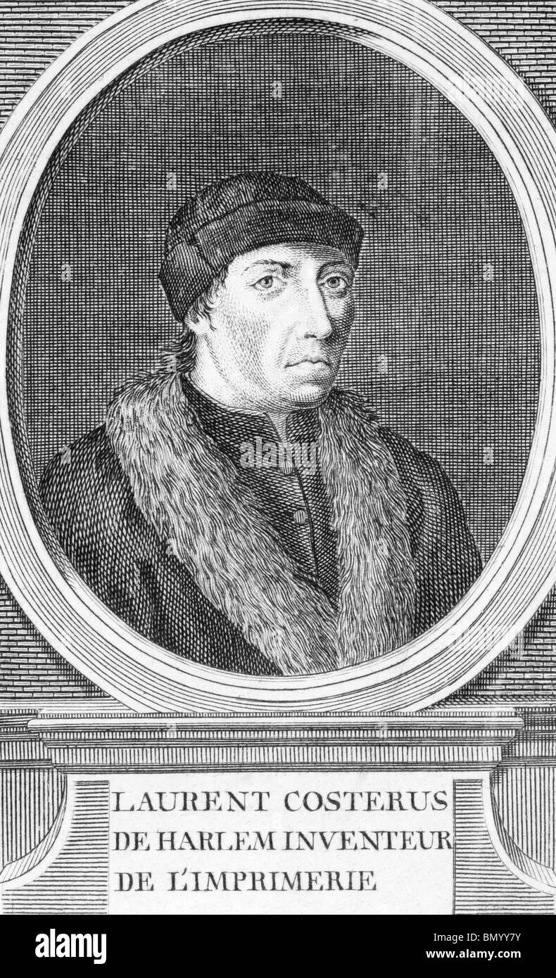 Laurens Janszoon Coster (1370-1440) su incisione dal 1700s. Inventore della stampa da Haarlem. Foto Stock