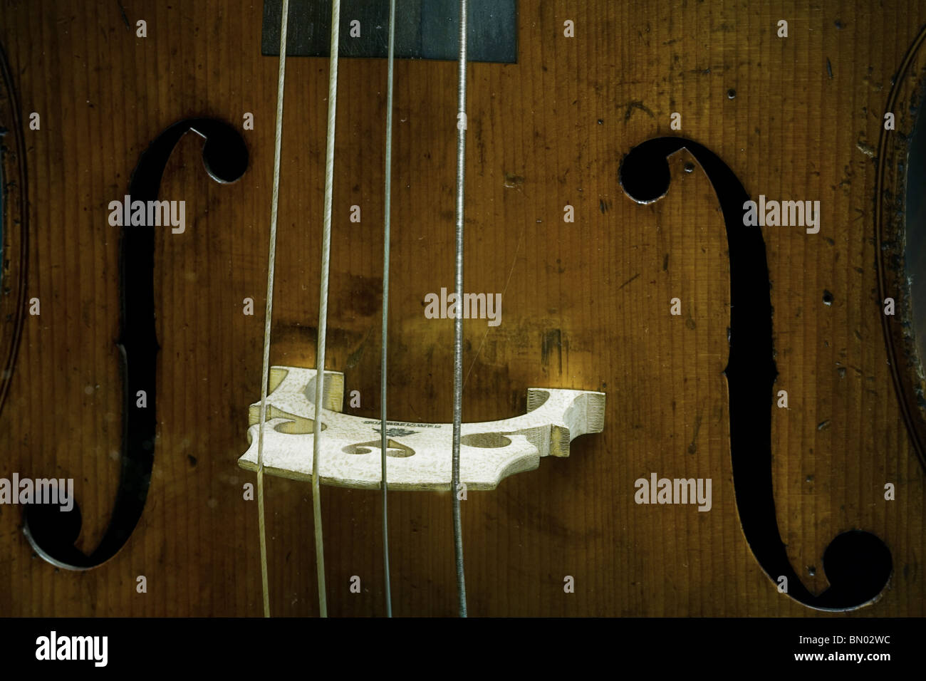 Dettaglio di un violoncello F fori Foto Stock