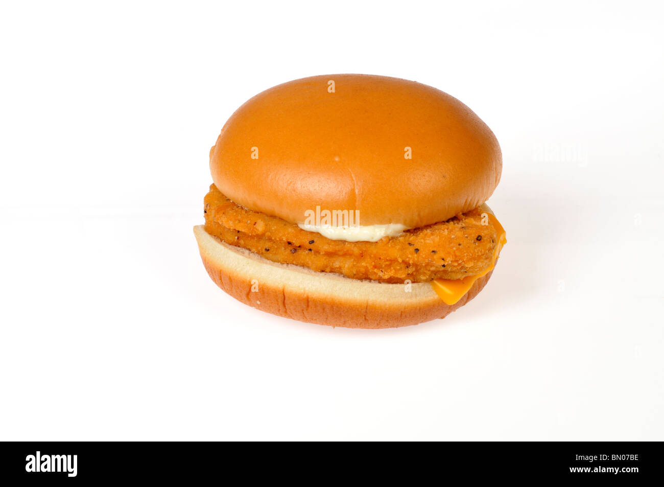 Filetto di pesce in sandwich con salsa tartara e formaggio in una focaccia di pane su uno sfondo bianco. Foto Stock