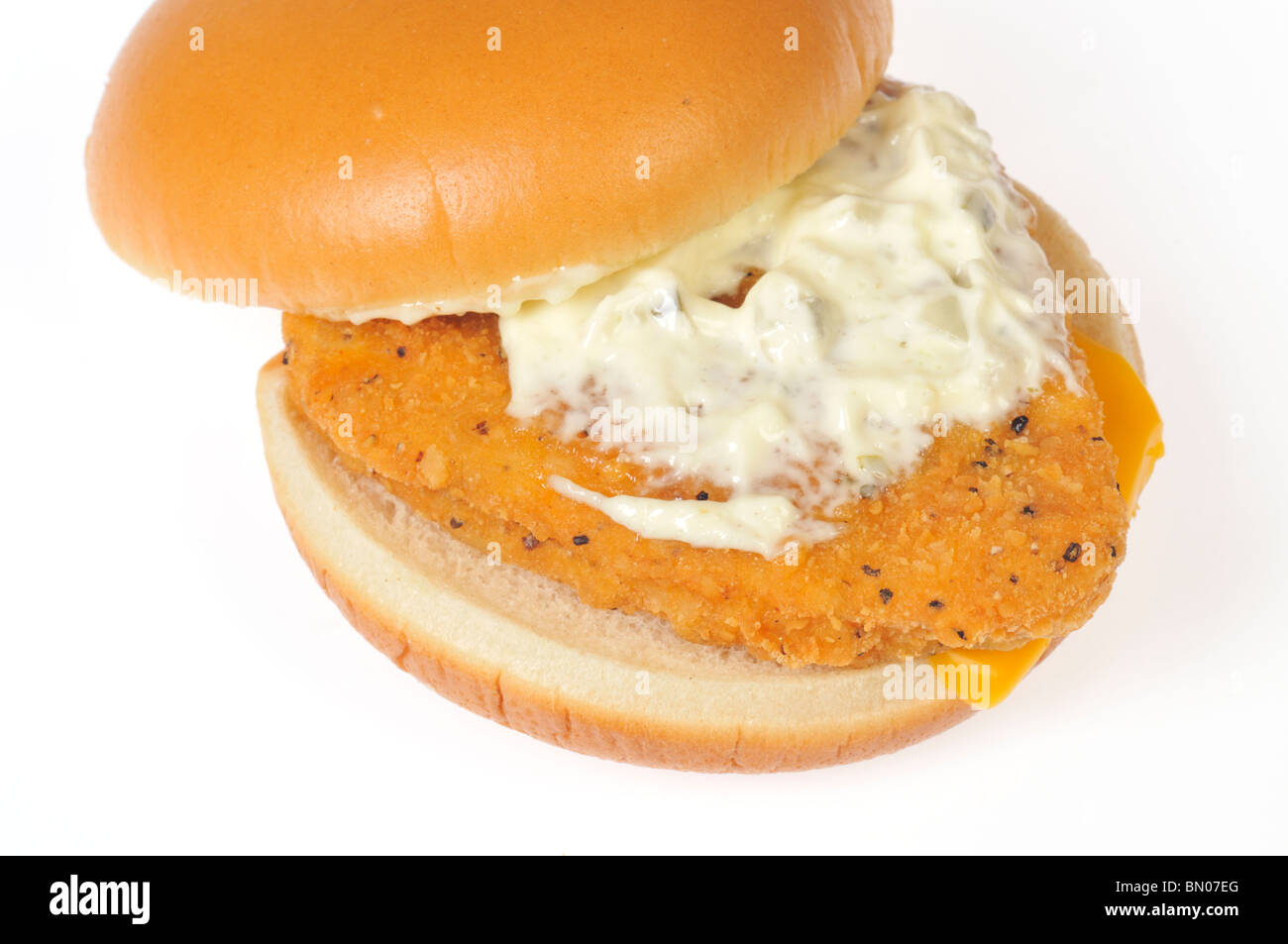 Filetto di pesce in sandwich con salsa tartara e formaggio su un panino aperto su uno sfondo bianco tagliato fuori. Foto Stock
