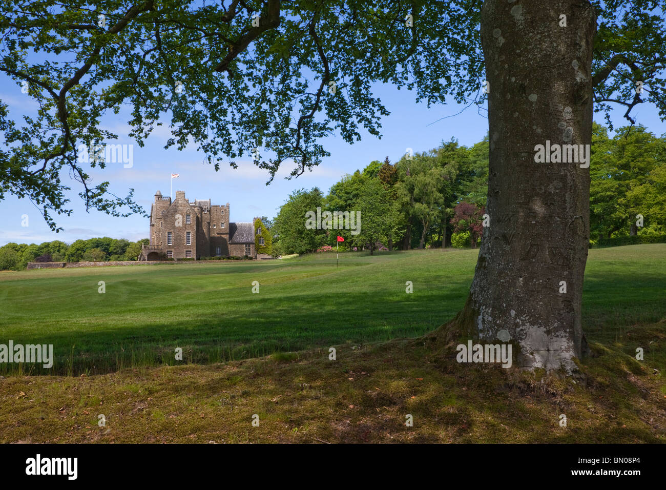 Rowallan Castle Golf Club nei pressi di Kilmaurs, Ayrshire, in Scozia. Vista del XIX verde. Corso progettato da Colin Montgomery. Foto Stock