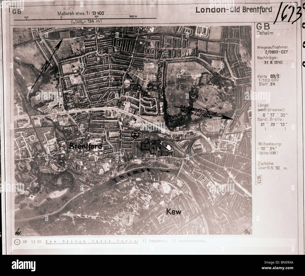 Londra - Brentford & Kew 31 agosto 1940 Kew Bridge Acquedotto Luftwaffe immagine aerea Foto Stock