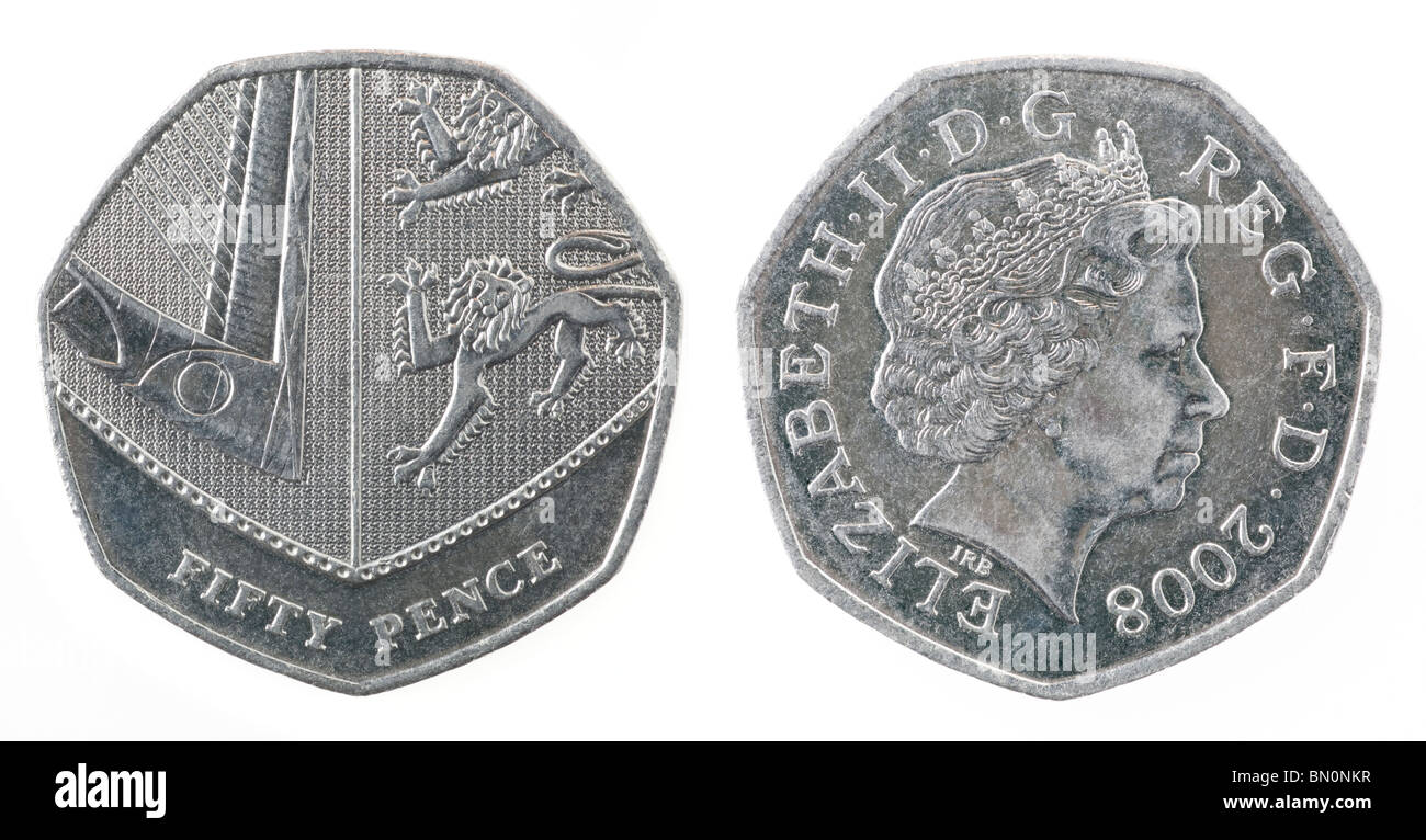 British 50 pence coin, 2008 Nuovo design Foto Stock