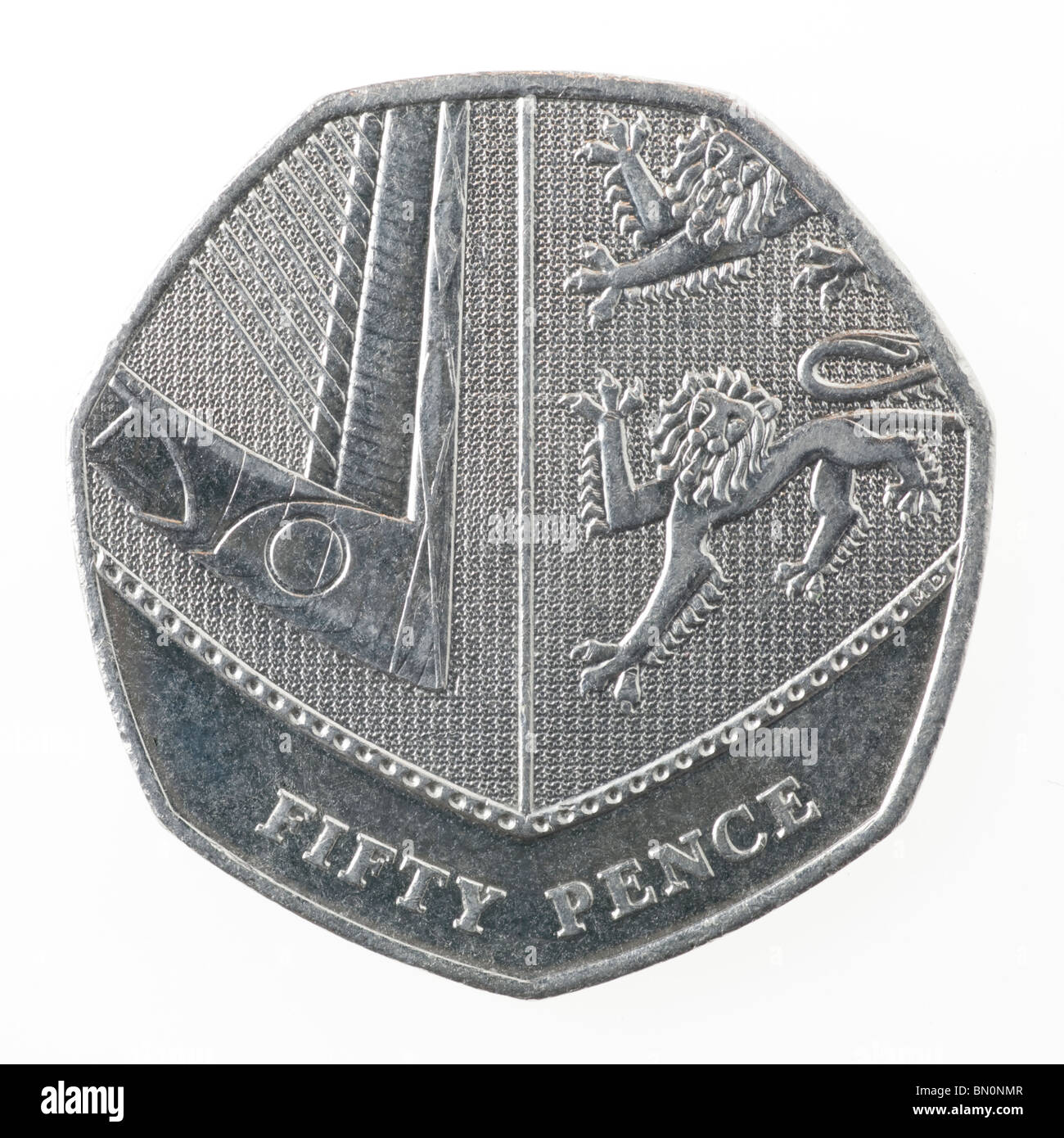 British 50 pence coin, 2008 Nuovo design Foto Stock