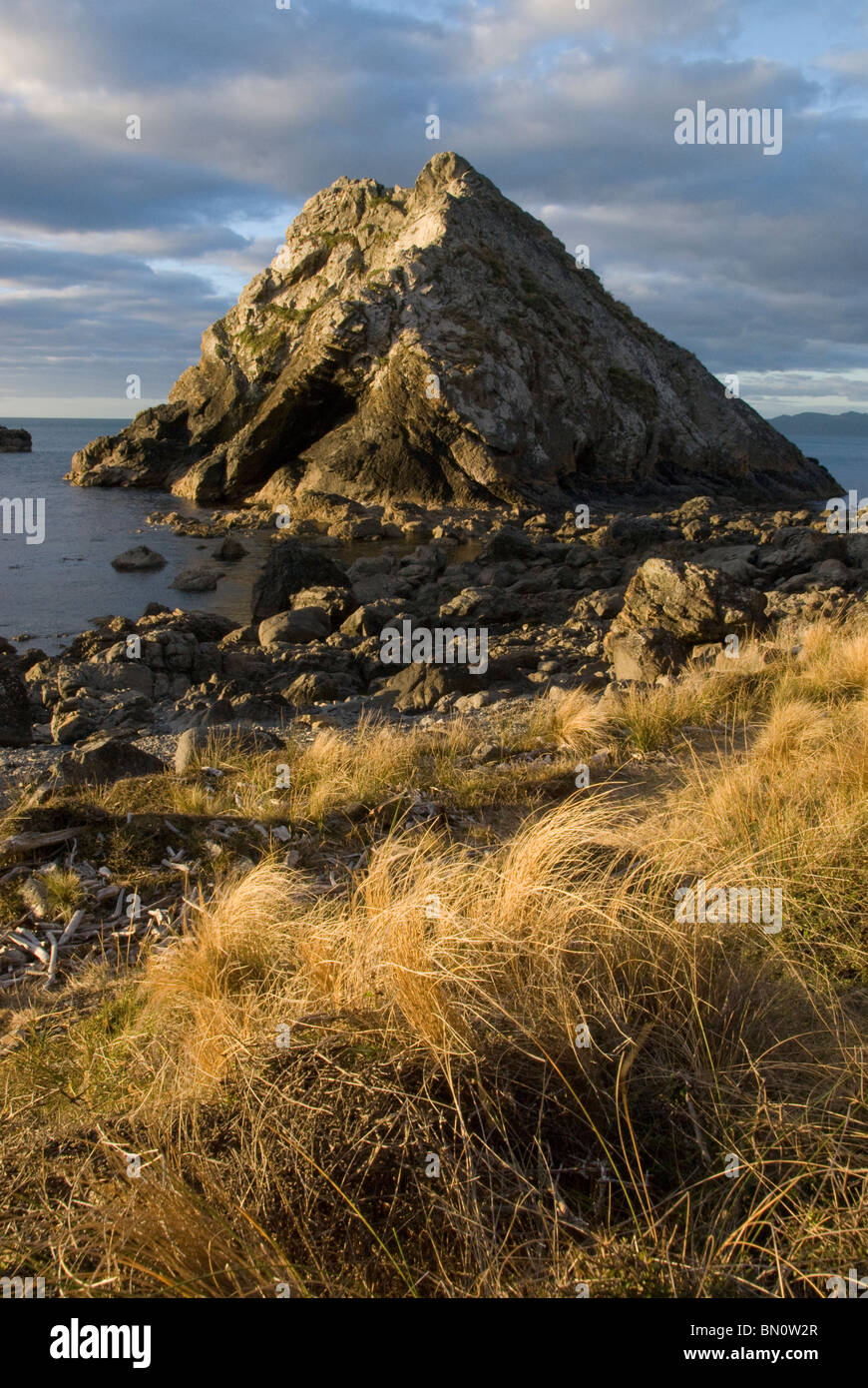 A forma di piramide di roccia, Wairaka punto, Pukerua Bay, Wellington, Nuova Zelanda Foto Stock