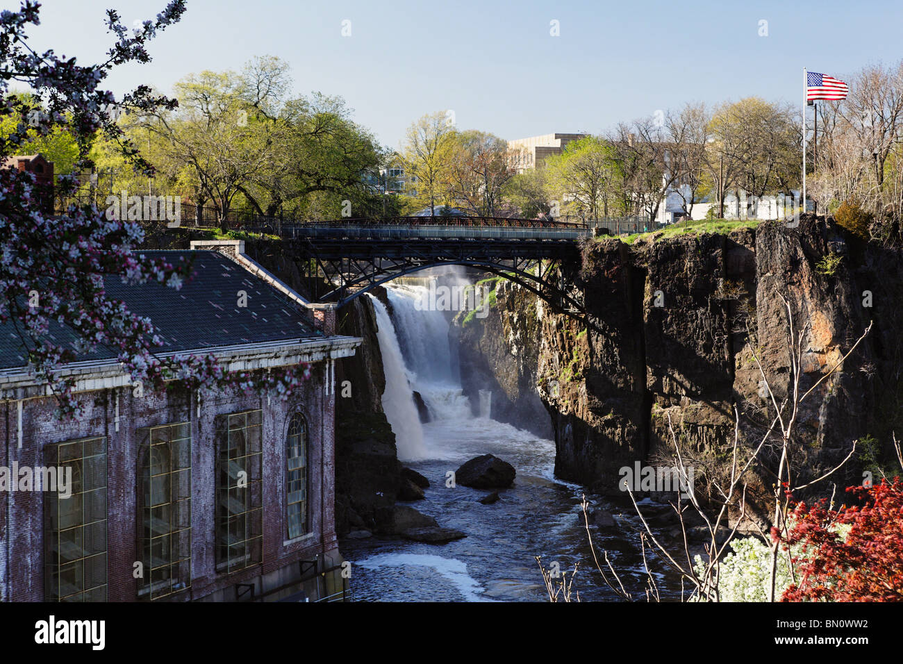 Angolo Alto Vista la grande Cascate del Fiume Passaic, Paterson, New Jersey Foto Stock