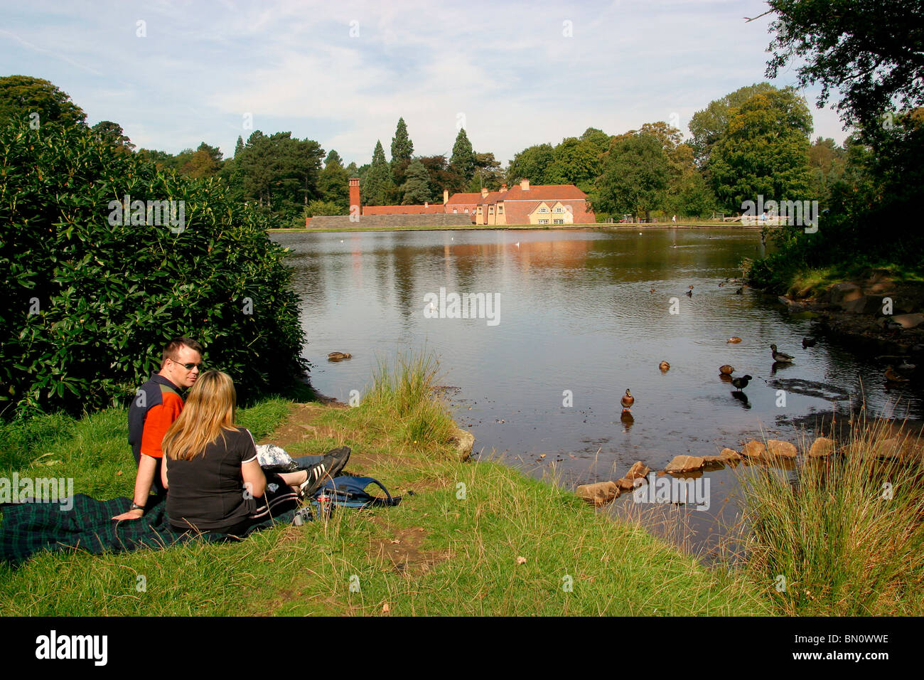 Inghilterra, Cheshire, Stockport, High Lane, Lyme Park, giovane sat nella luce del sole al lago Foto Stock