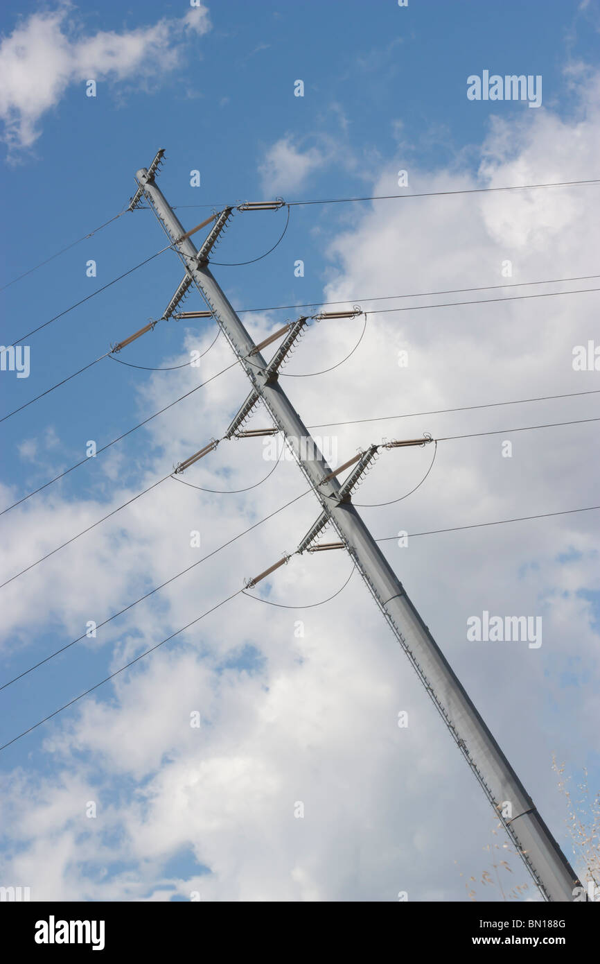 torre elettrica, alta tensione, consumo di energia elettrica. Foto Stock