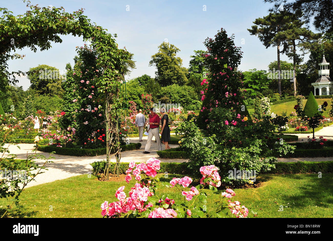 Il Bois de Boulogne, Parc de Bagatelle, giardino di rose e Orangerie. Bagatelle Parc, Parigi, Francia. Foto Stock