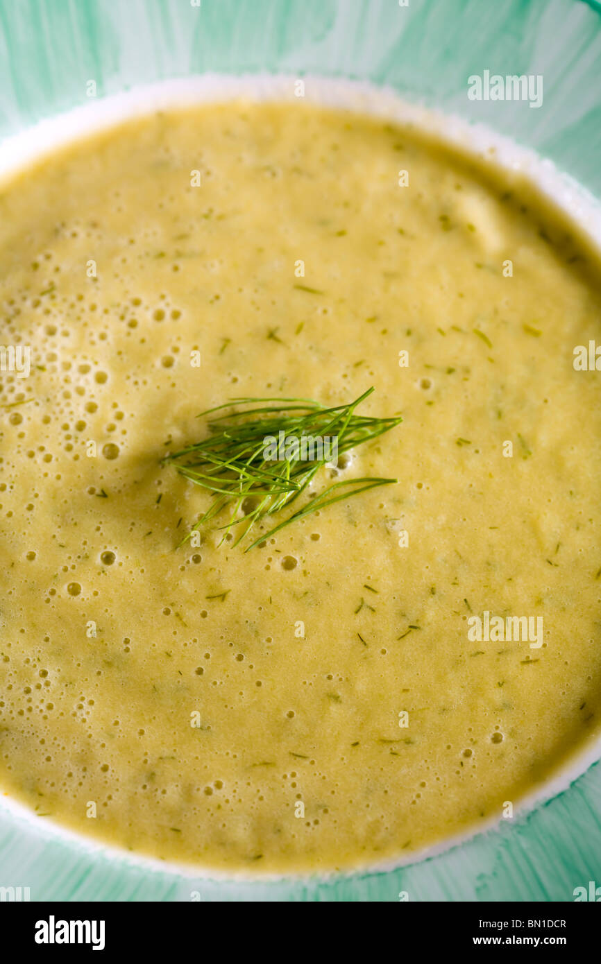 Vegano zuppa di cetriolo fatta con i cetrioli, le cipolle, aneto, latte di soia Foto Stock