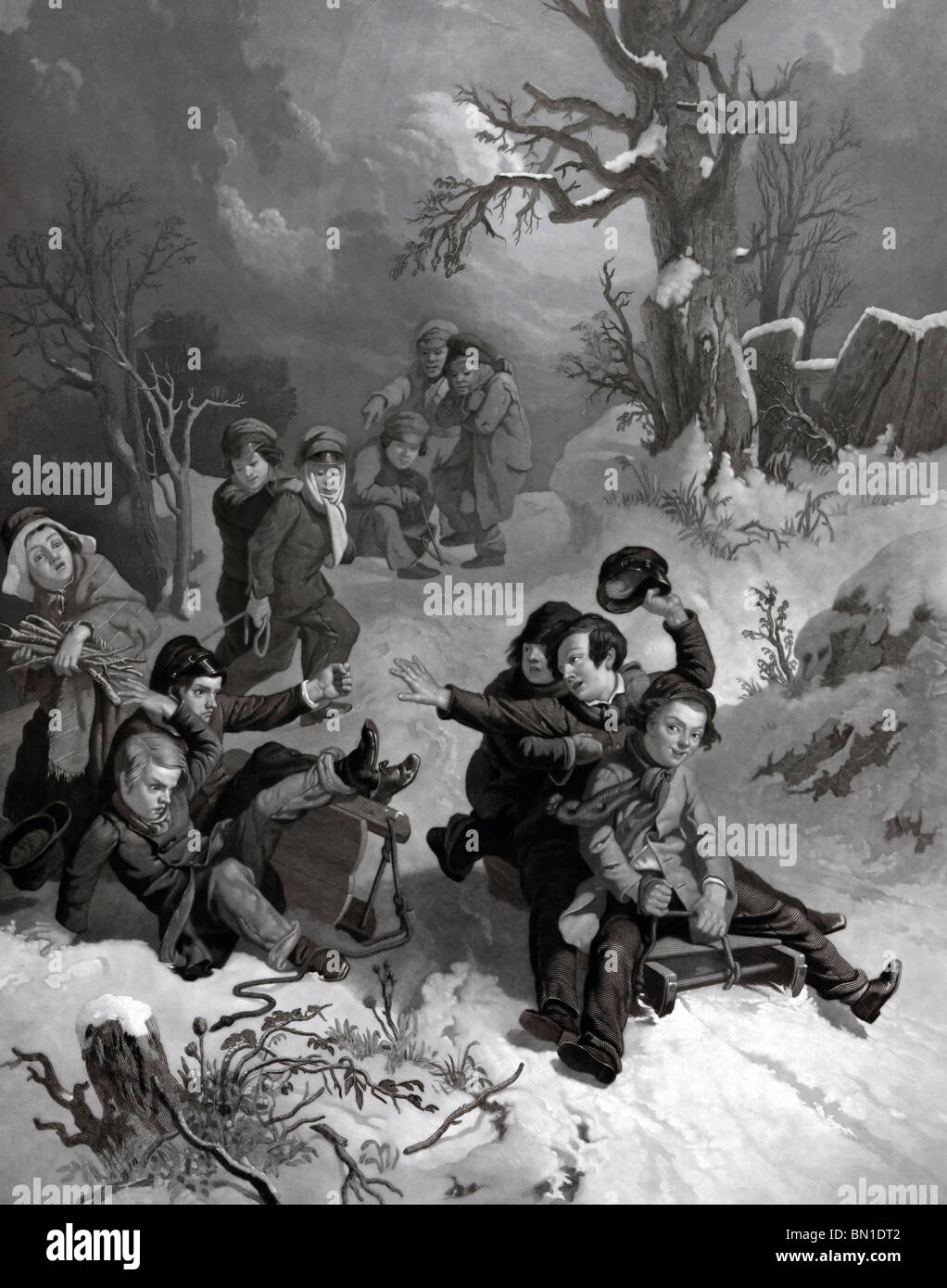 Cancellare la traccia - Bambini slittino discesa da una collina, nel 1860 circa Foto Stock