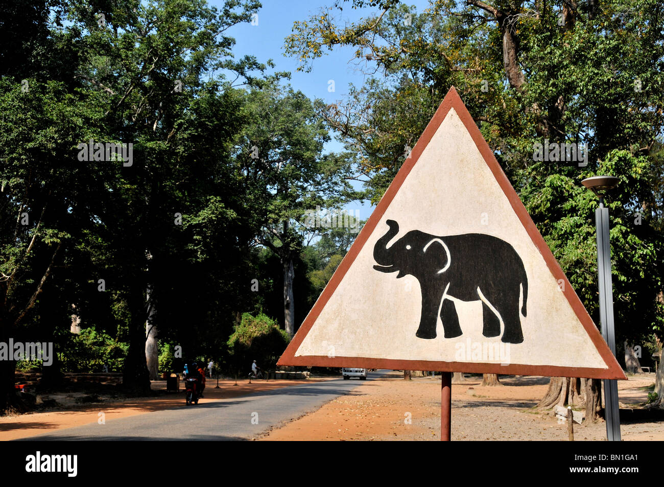 Cartello stradale, attenzione elefante, Siem Reap, Cambogia Foto Stock