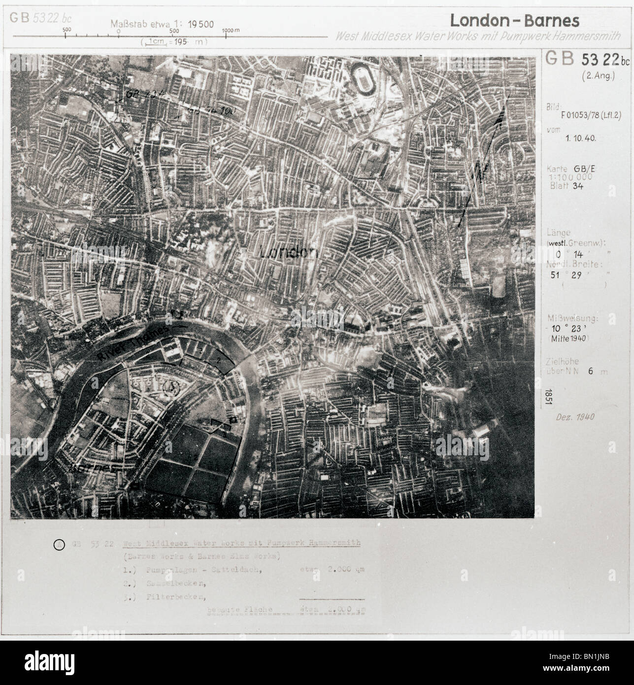 Londra - Barnes 1 ottobre 1940 West Middlesex Acquedotto Luftwaffe immagine aerea Foto Stock