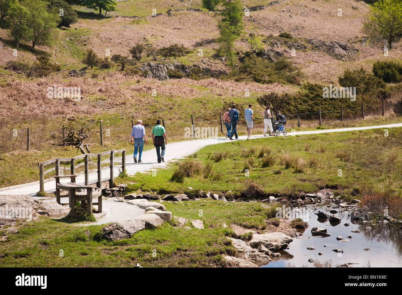 Gli escursionisti a piedi su un percorso intorno alle rive del Tarn Howes in estate. Foto Stock