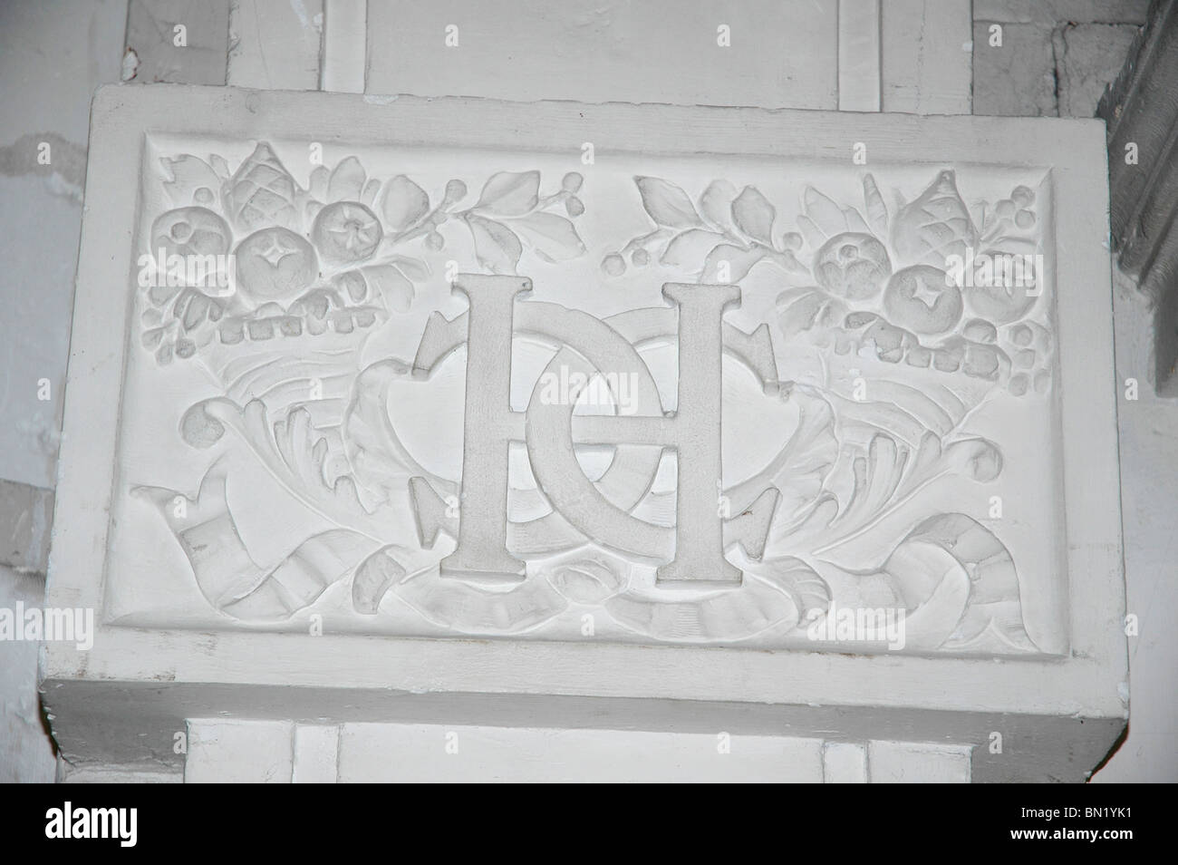 Interlaced H e C formanti la sigla di Enrico II di Francia e Caterina de' Medici. Camino al castello di Chenonceau. Foto Stock