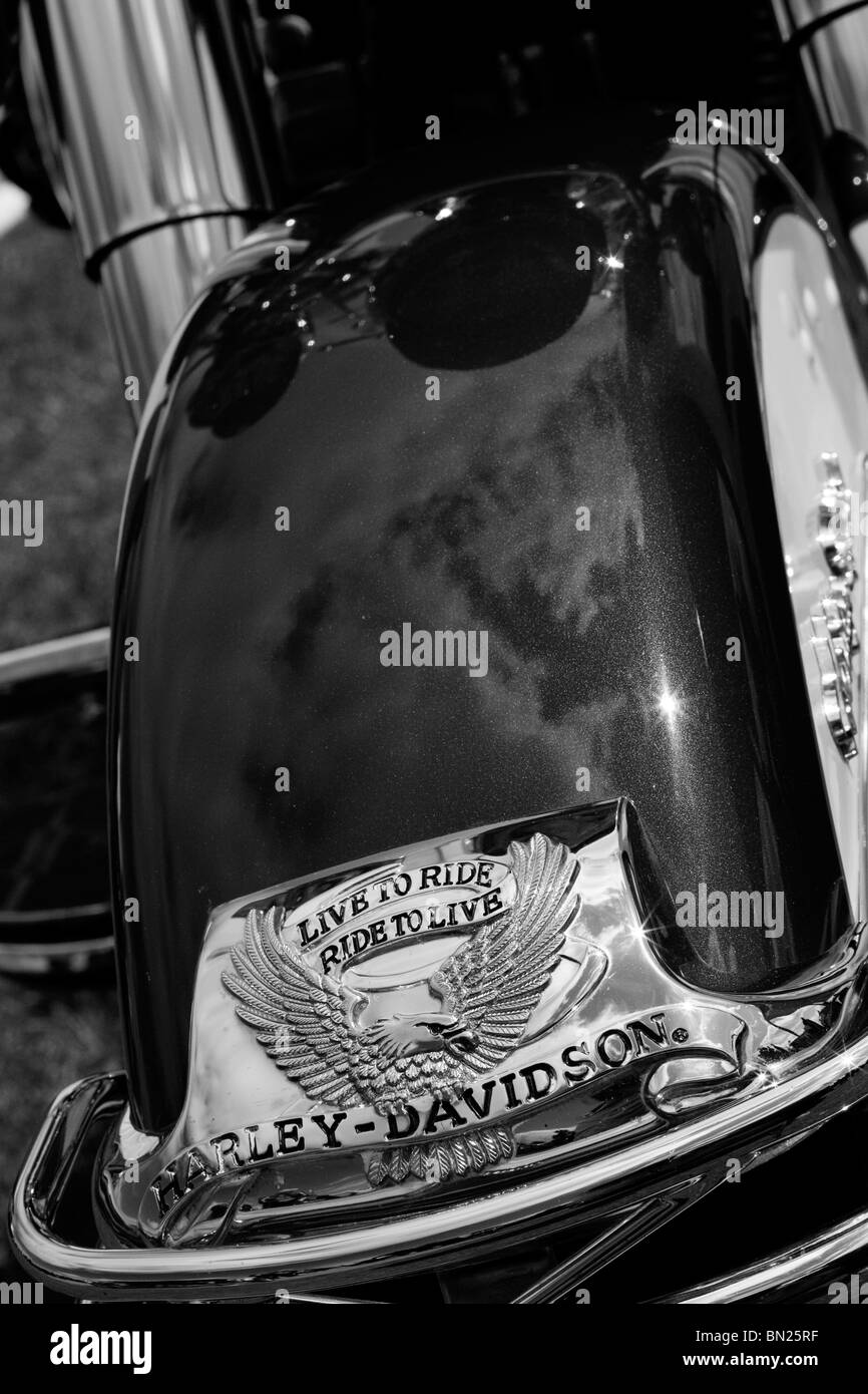 Una foto in bianco e nero di un Harley Davidson Moto passaruota per Live ride ride di vivere Foto Stock