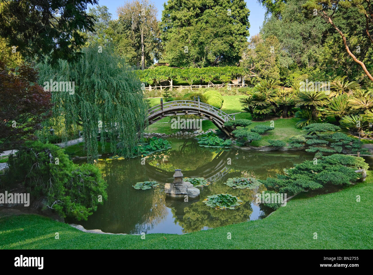 Giardino giapponese con Luna Bridge e Lotus stagno con pesci Koi. Foto Stock