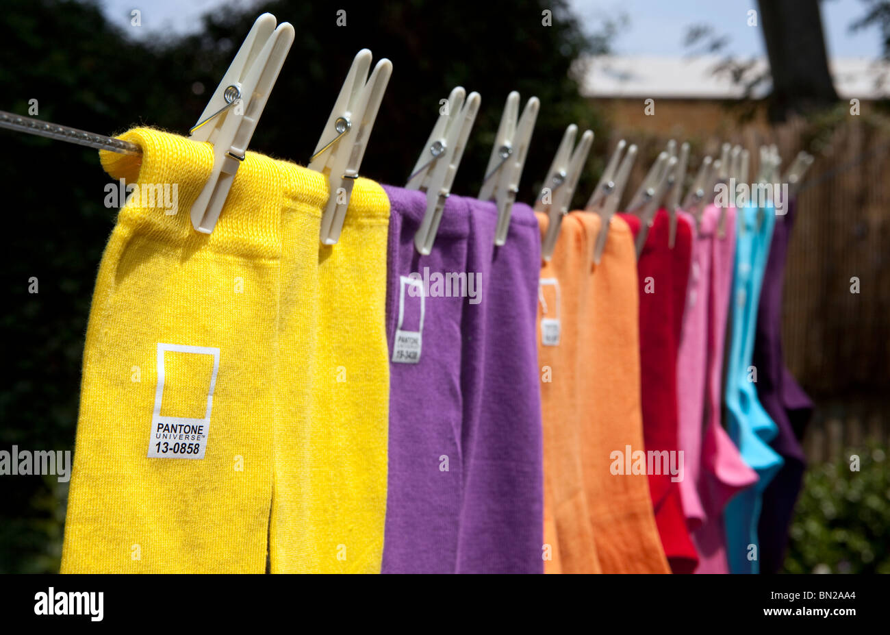 Pantone colorato calze su una linea di lavaggio. Foto Stock
