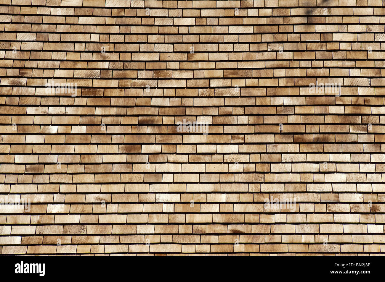 Il Cedar shingles su un tetto. In legno tegole per tetti Foto Stock