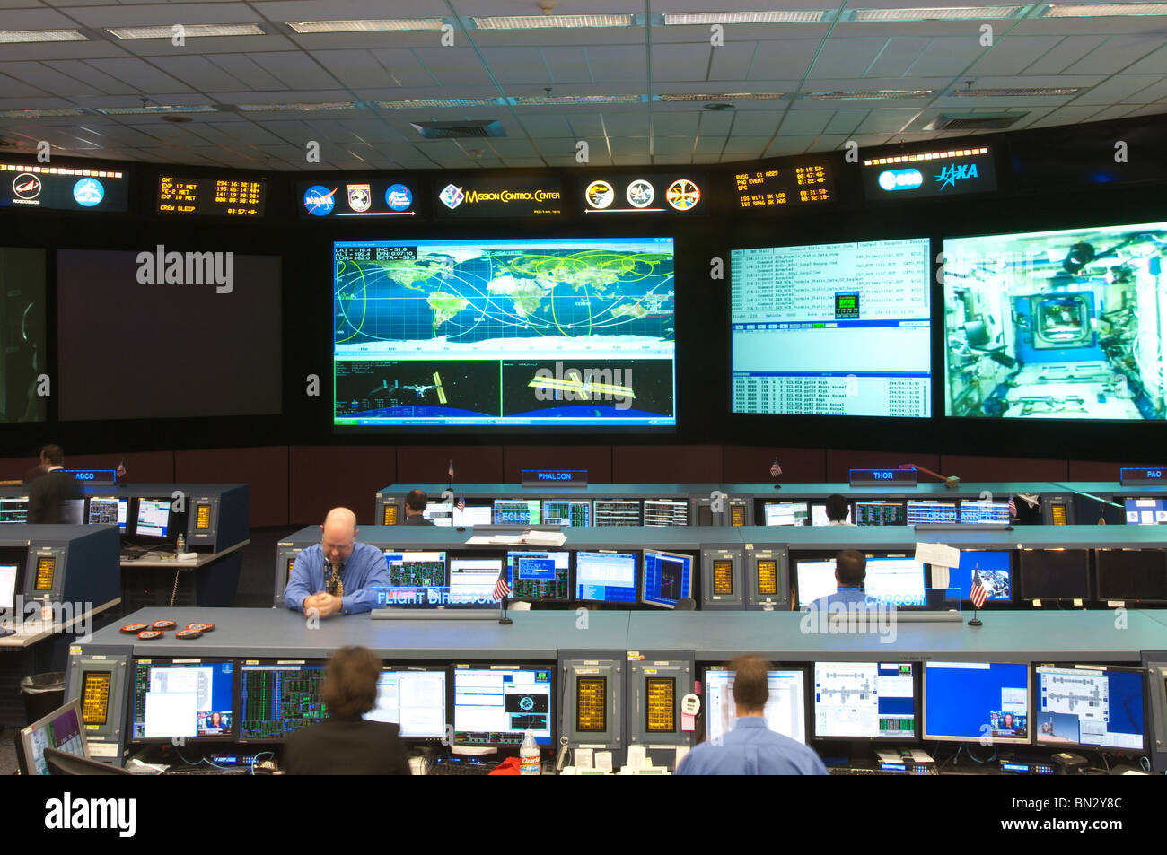 Sala di controllo al NASA Space Center, Houston, Texas. Foto Stock