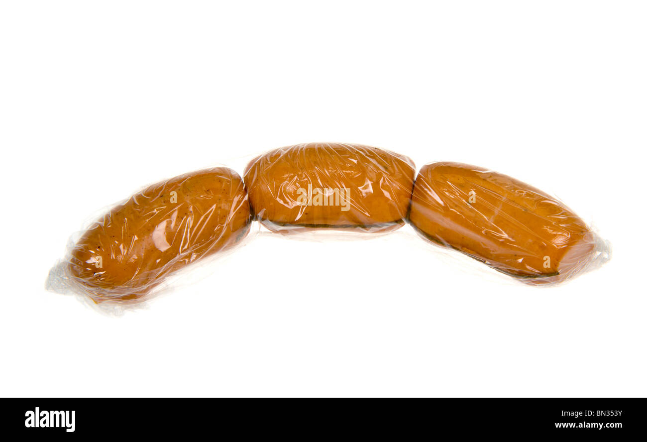3 tre piccoli tini salsiccia avvolta in plastica foglio folie aggrapparsi mantenere fresche Regensburger wurst würstel würstel pellicola saran wrap Foto Stock