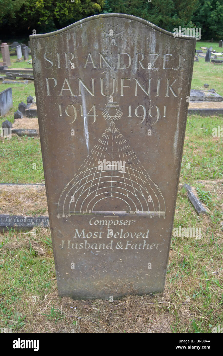 Tomba del compositore e pianista polacco Andrzej Panufnik nel cimitero di Richmond, Richmond upon Thames, Surrey, Inghilterra Foto Stock