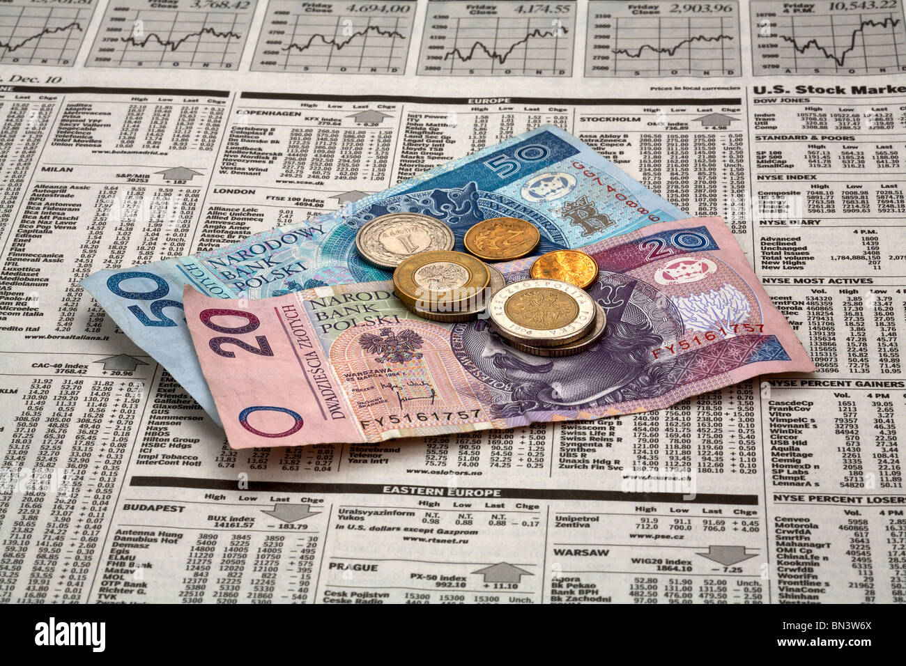Polish Zloty valuta la posa sulla finanziaria prezzo stock pagina del giornale Foto Stock