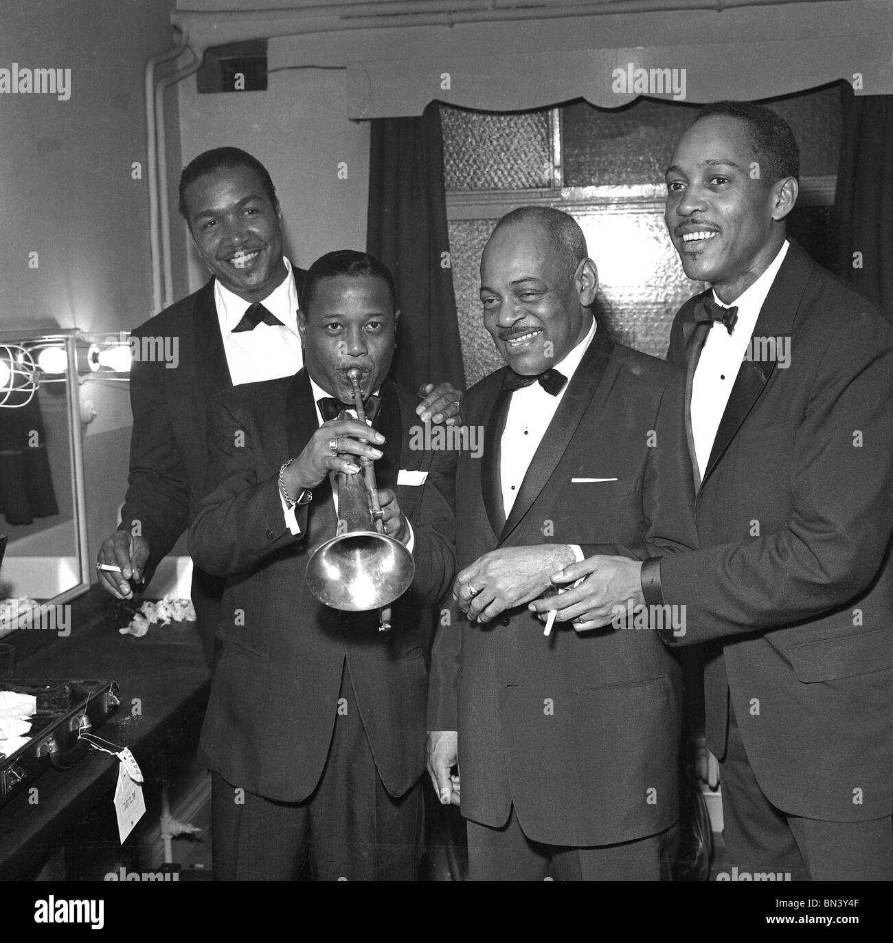 Giganti del Jazz Ben Webster Roy Eldridge Coleman Hawkins e Sonny Stitt foto Harry Hammond UK degli anni cinquanta Foto Stock