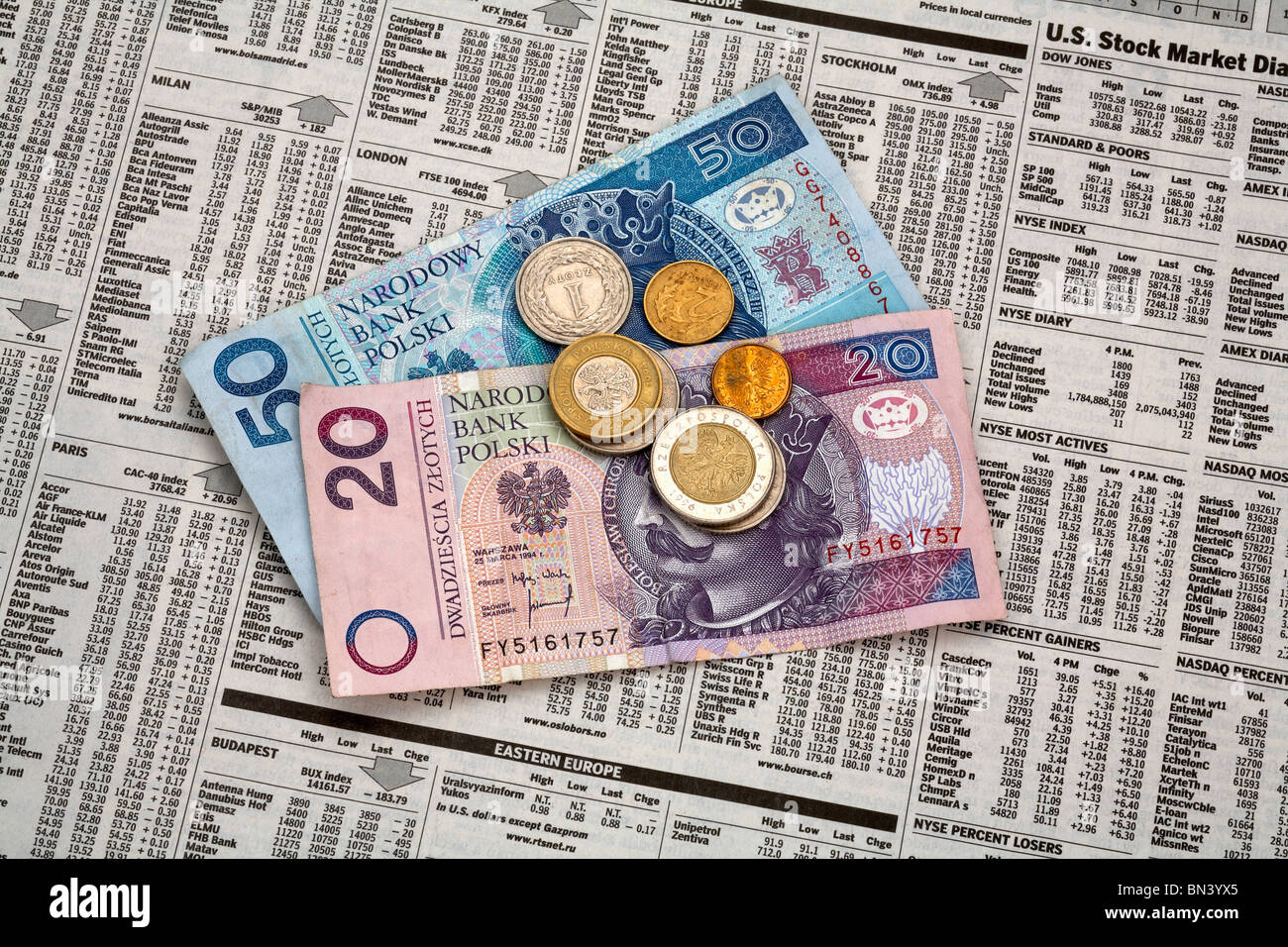 Polish Zloty valuta la posa sulla finanziaria prezzo stock pagina del giornale Foto Stock