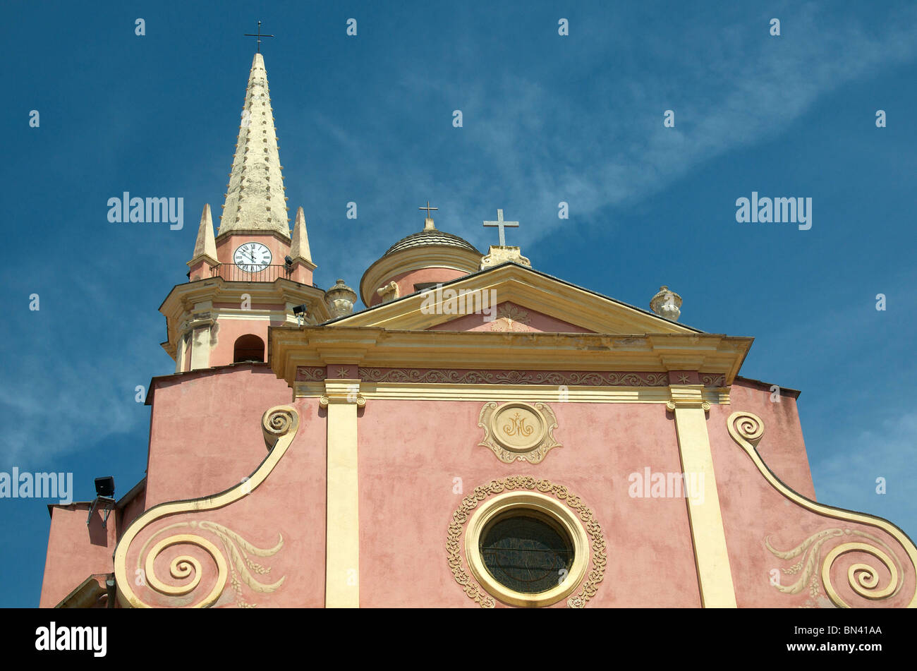 Chiesa dettagli anteriore, Calvi, Corsica, Francia Foto Stock