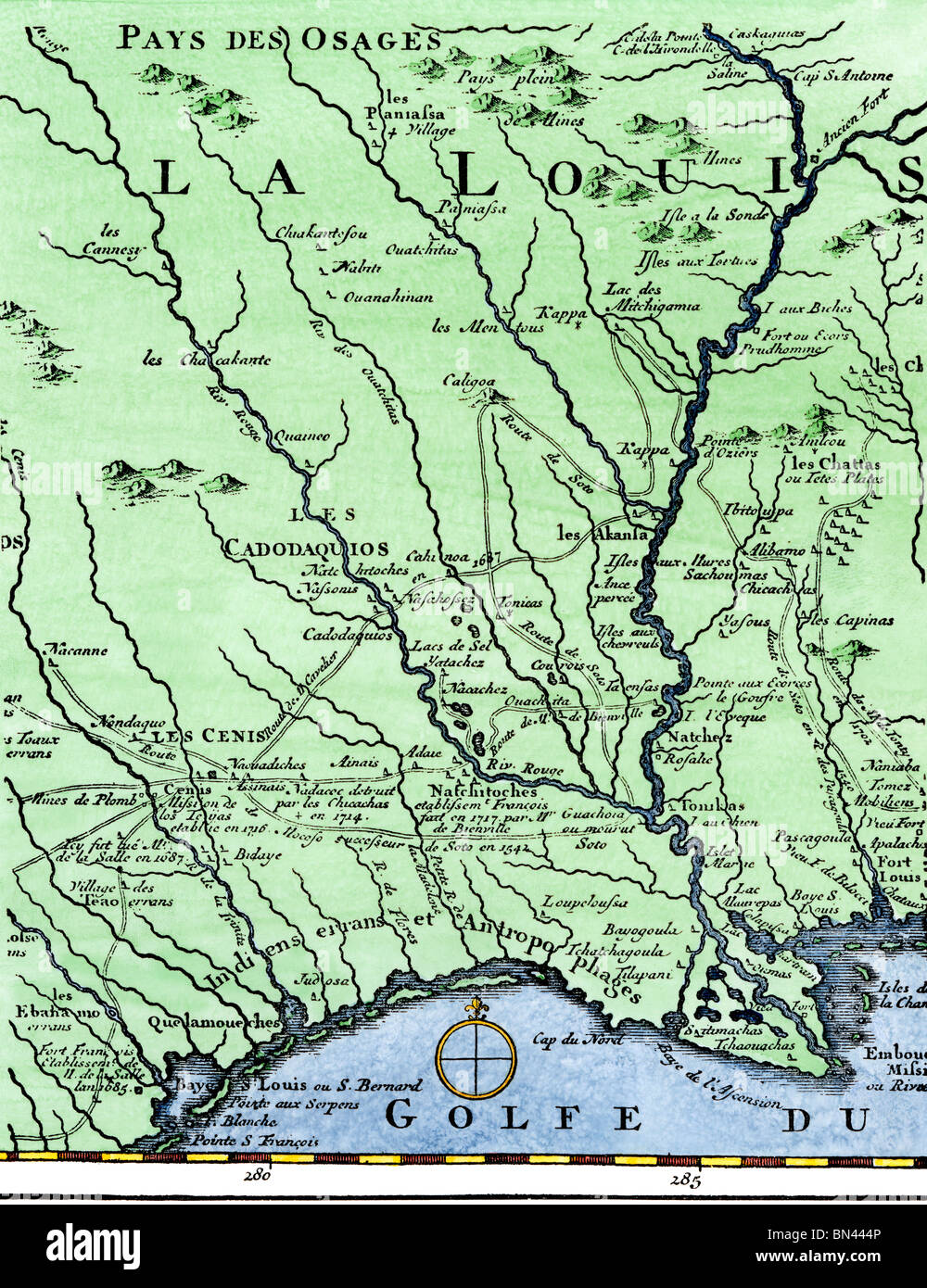 La parte occidentale di DeSoto di route, da Desisle la mappa pubblicato nel 1707. Colorate a mano la xilografia Foto Stock