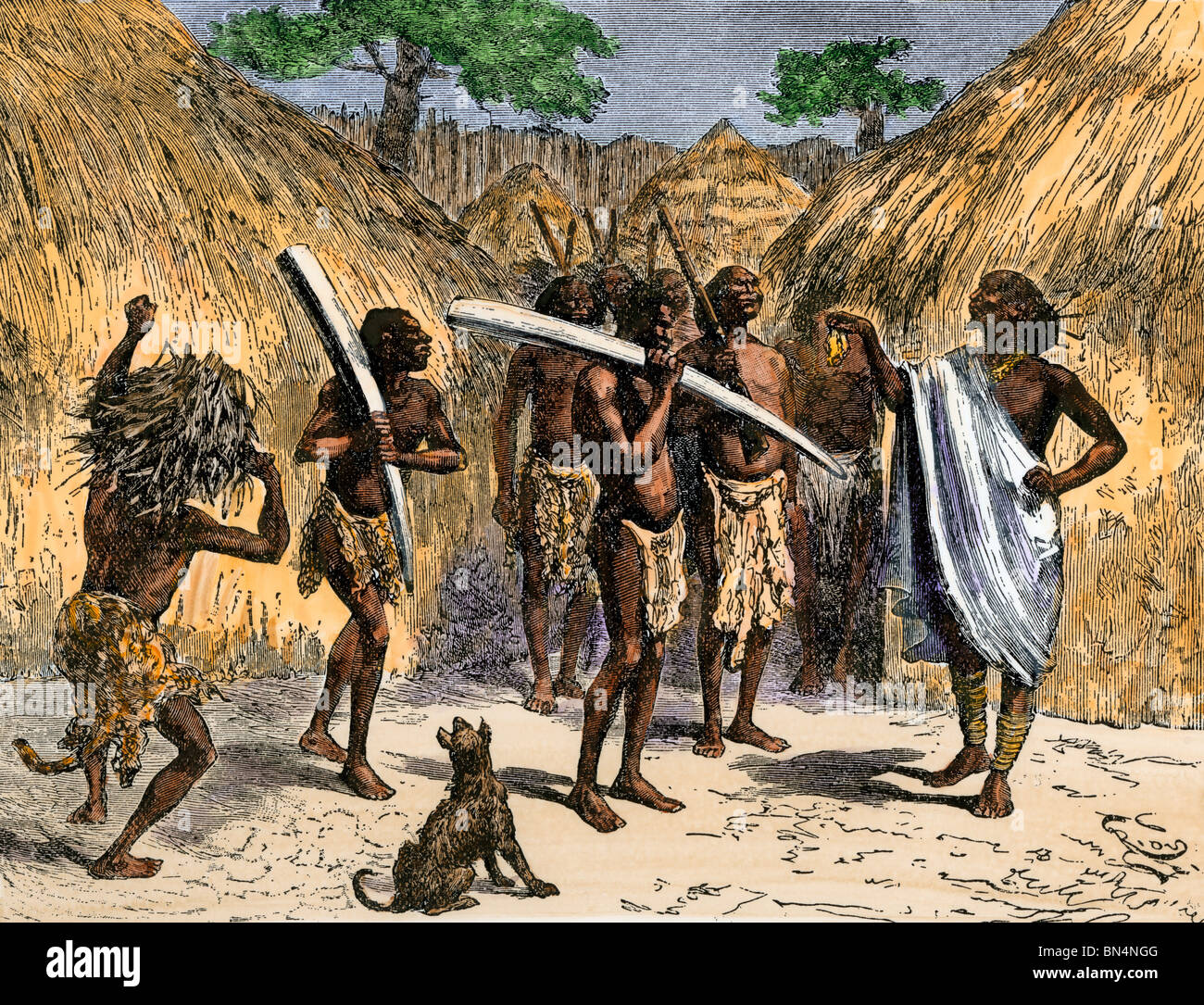 Commerciante di avorio in un villaggio Africano, 1800s. Colorate a mano la xilografia Foto Stock