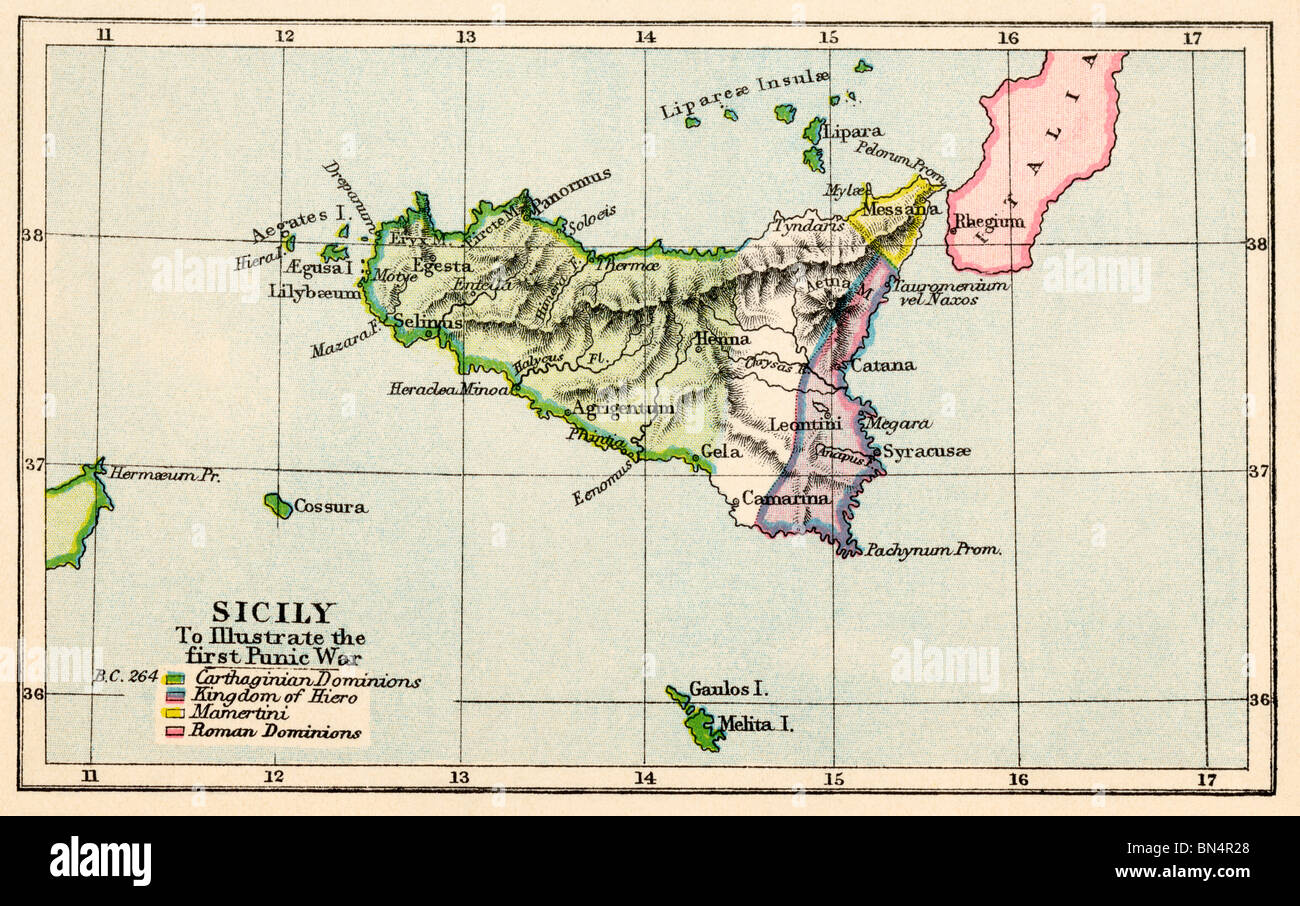 Sicilia durante la Prima Guerra Punica, 264 BC. Litografia a colori Foto Stock