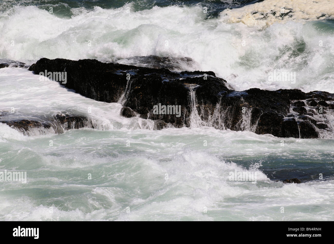 Oceano Atlantico con onde che si infrangono sulle rocce nere Hermanus Western Cape Sud Africa Foto Stock