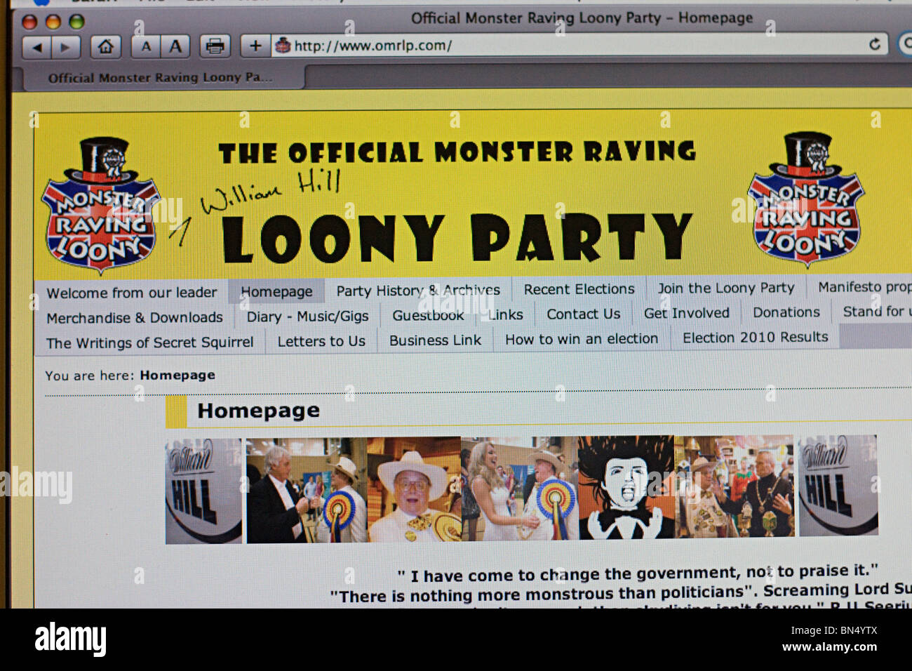 Screenshot ufficiali del Monster Raving Loony Party sito web Foto Stock