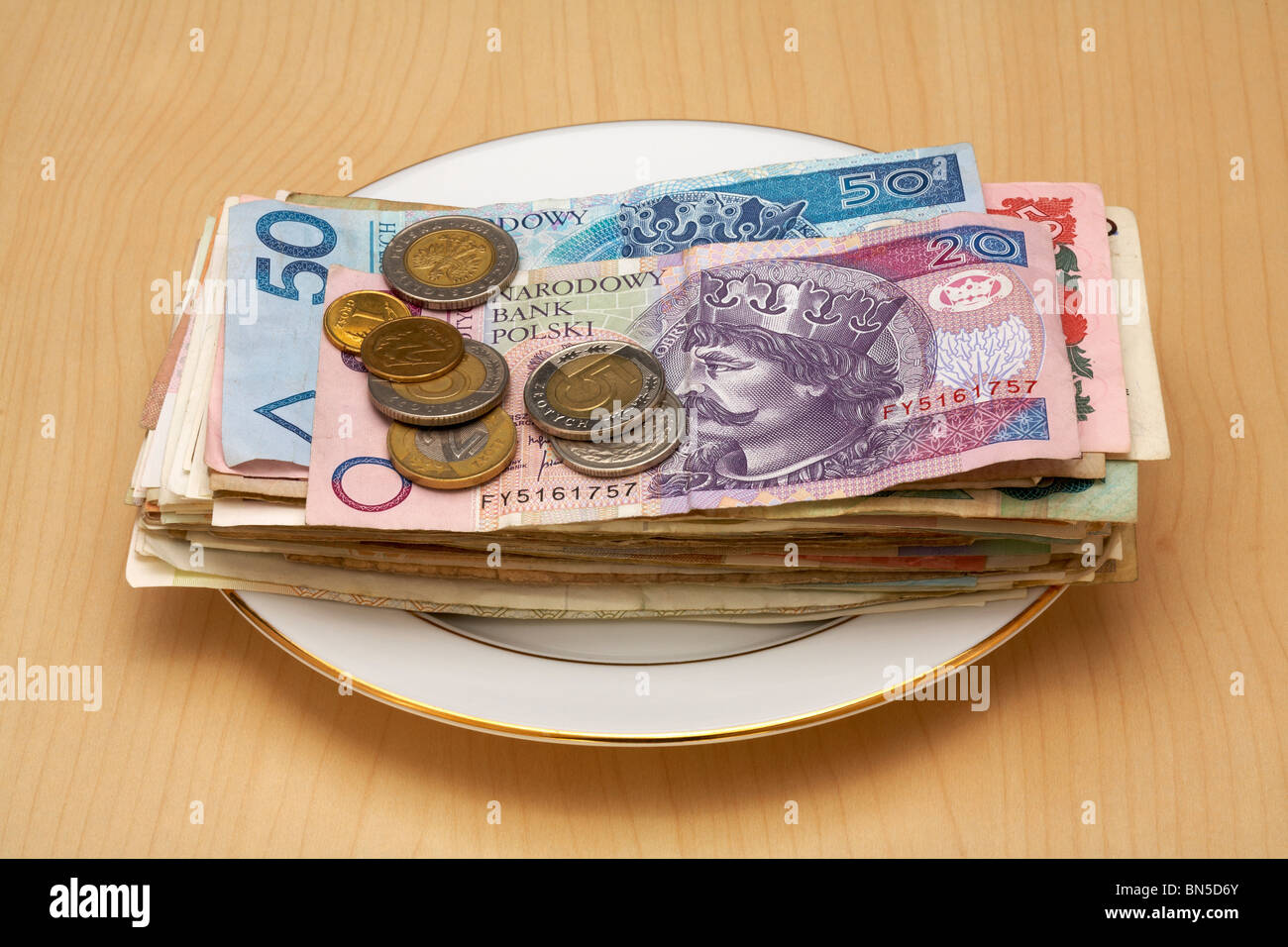 Polish Zloty valuta e Grosz posa sulla piastra di cina Foto Stock