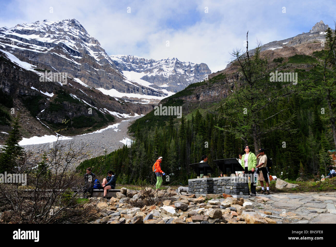 Gli escursionisti e i turisti alla Pianura di sei ghiacciai. Il Parco Nazionale di Banff, Alberta, Canada. Foto Stock