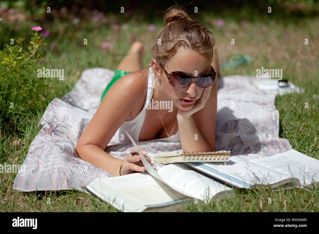 Giovane studentessa la lettura di libri e di rendere note su un prestito. Serie, 21 MP DA MATERIE, shallow DOF Foto Stock