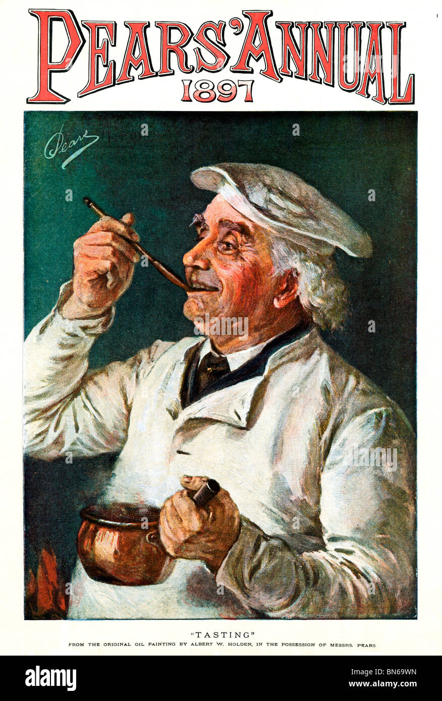 Pere, Degustazione, 1897 dipinto da Albert Holden per il sapone vittoriano responsabili con un cuoco alla verifica dei risultati delle sue fatiche Foto Stock