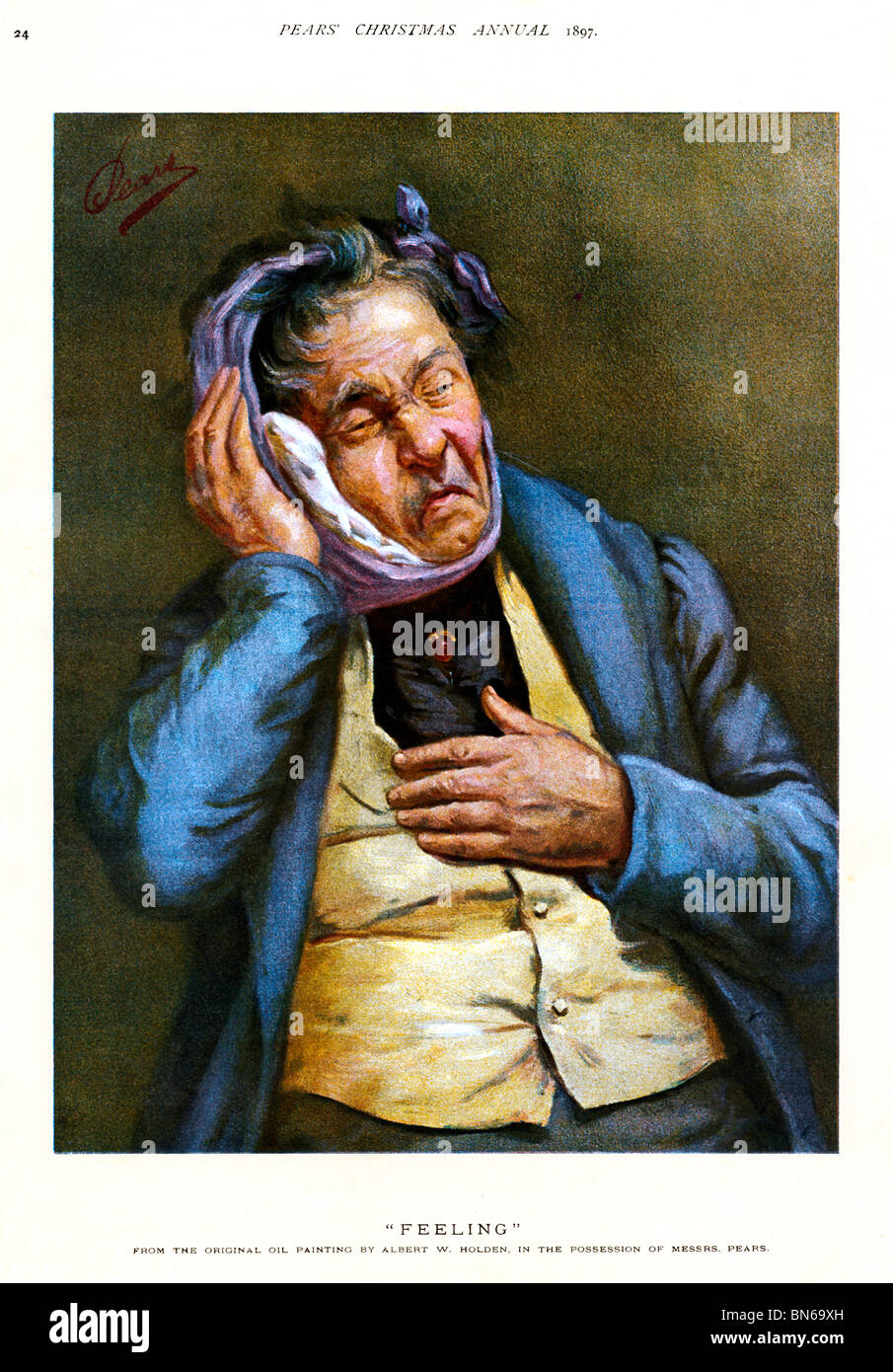 Pere, sensazione, 1897 dipinto da Albert Holden per il sapone vittoriano maker con colleghi che soffrono di mal di denti Foto Stock