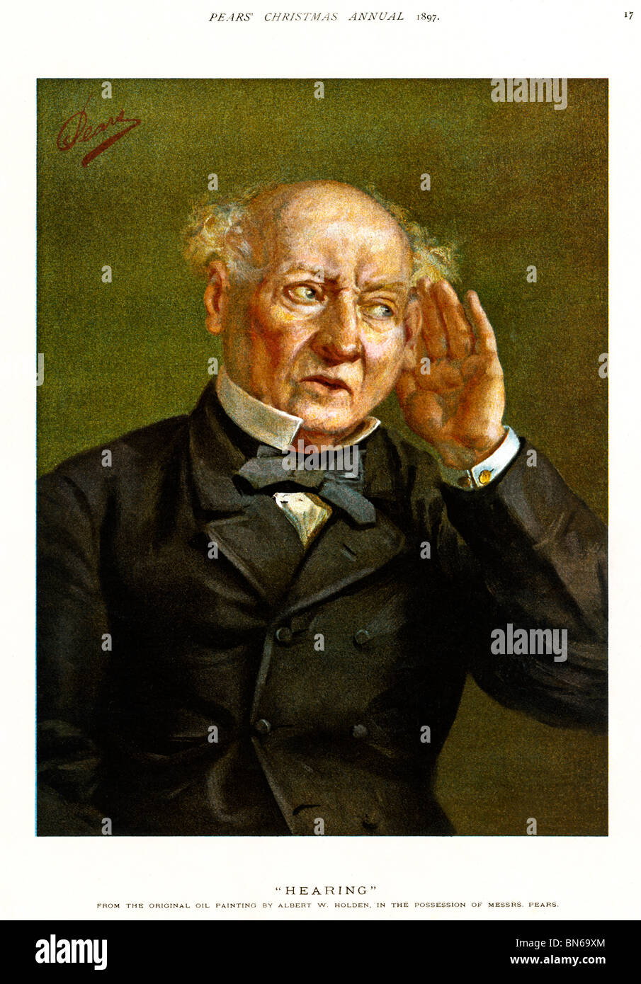 Pere, udito, 1897 dipinto da Albert Holden per il sapone vittoriano responsabili con un gentlemen lottando per ascoltare Foto Stock