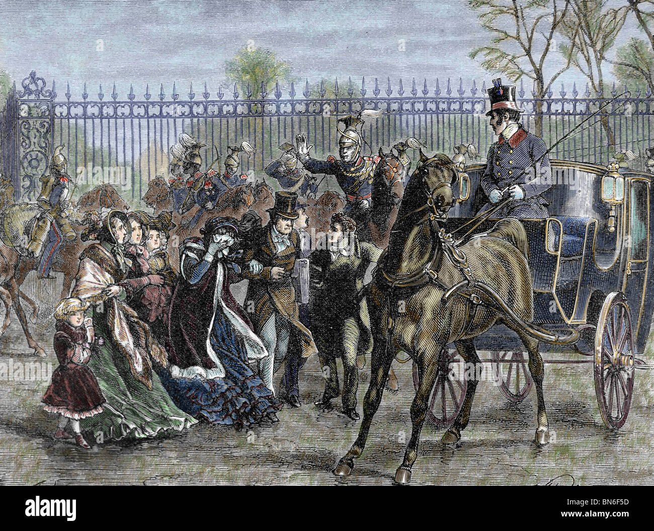 Il francese rivoluzione liberale (febbraio 1848). Louis Philippe e la sua famiglia al di fuori del palazzo delle Tuileries. Foto Stock