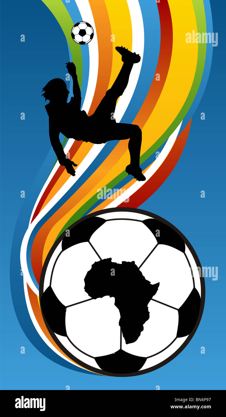 Uno dei giocatori di calcio circa per calciare il calcio con Africa mappa su un pallone da calcio sul fondo. Multicolore sfondo a bande. Foto Stock