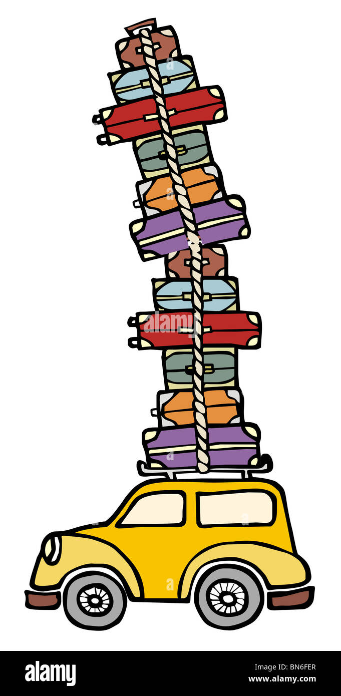 Illustrazione di un divertente di auto con un sacco di bagagli sul tetto. File vettoriale disponibile. Foto Stock