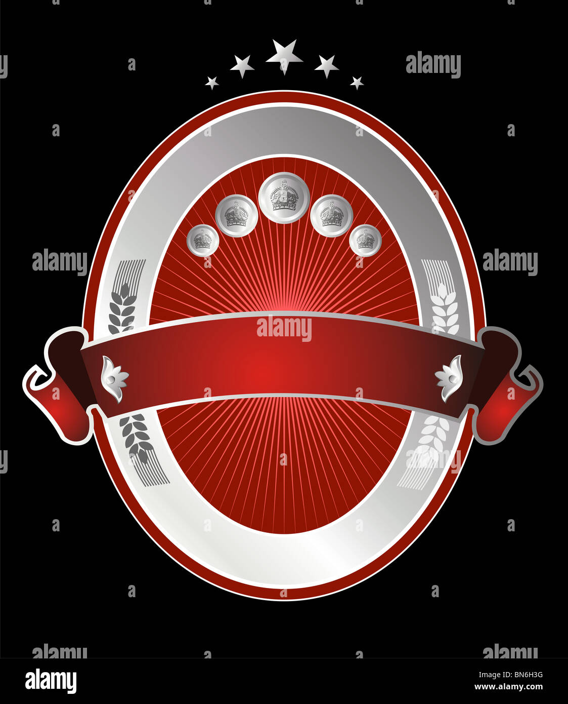 Birra Rossa con etichetta ovale in argento e le cinque stelle sulla parte superiore. Orizzontale di nastro rosso attraversato su sfondo nero. Foto Stock